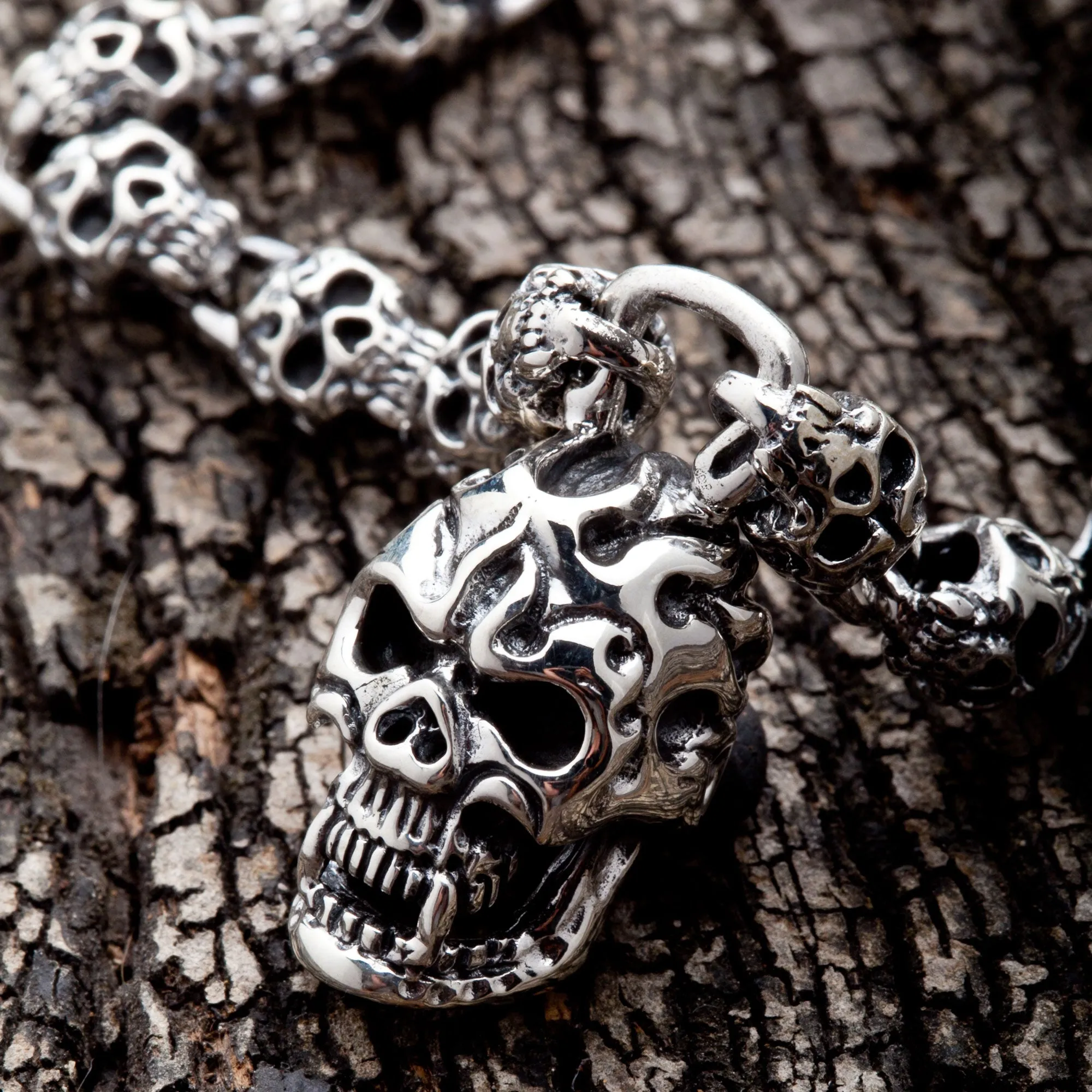 Flame Skull Sterling Silver Biker Bracelet