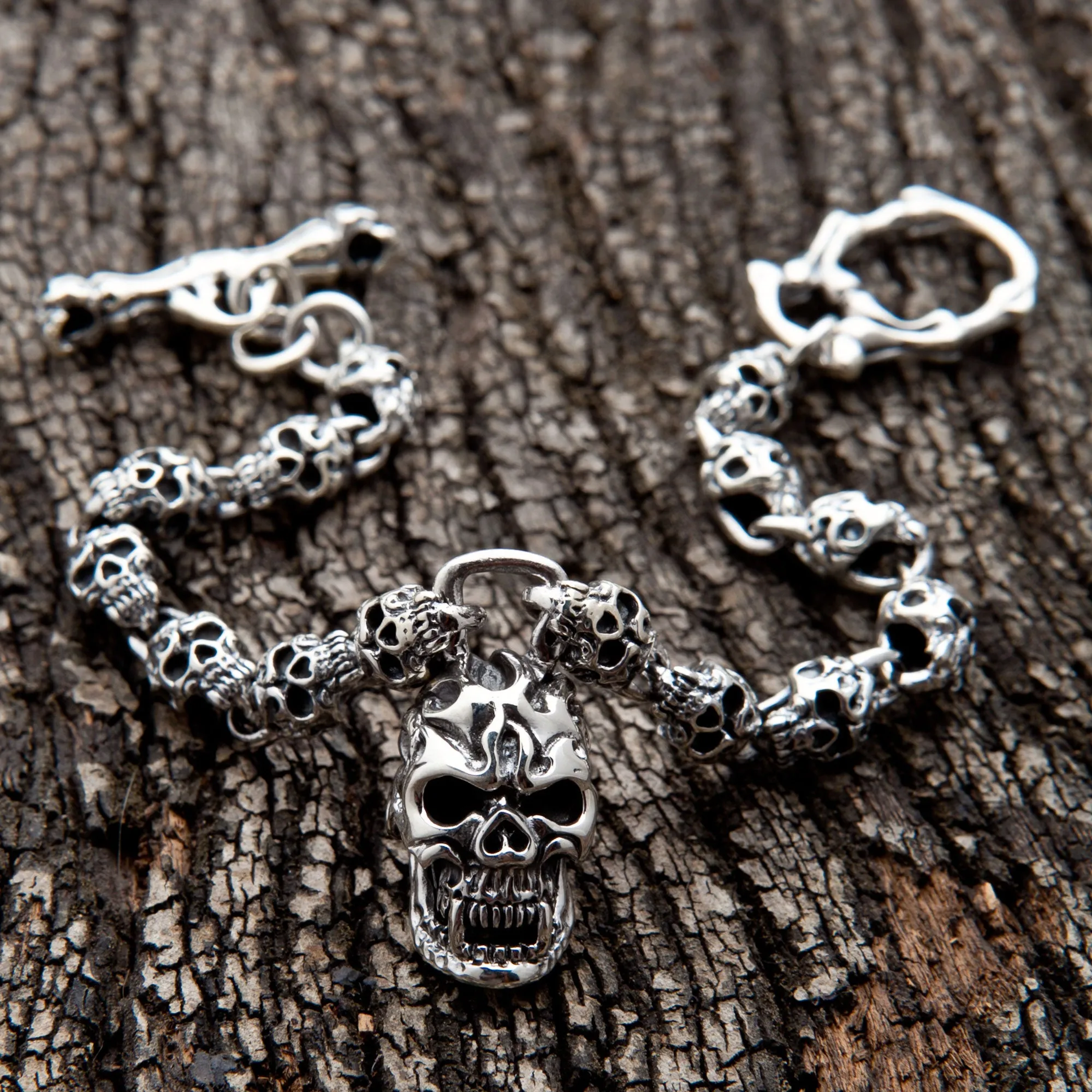 Flame Skull Sterling Silver Biker Bracelet