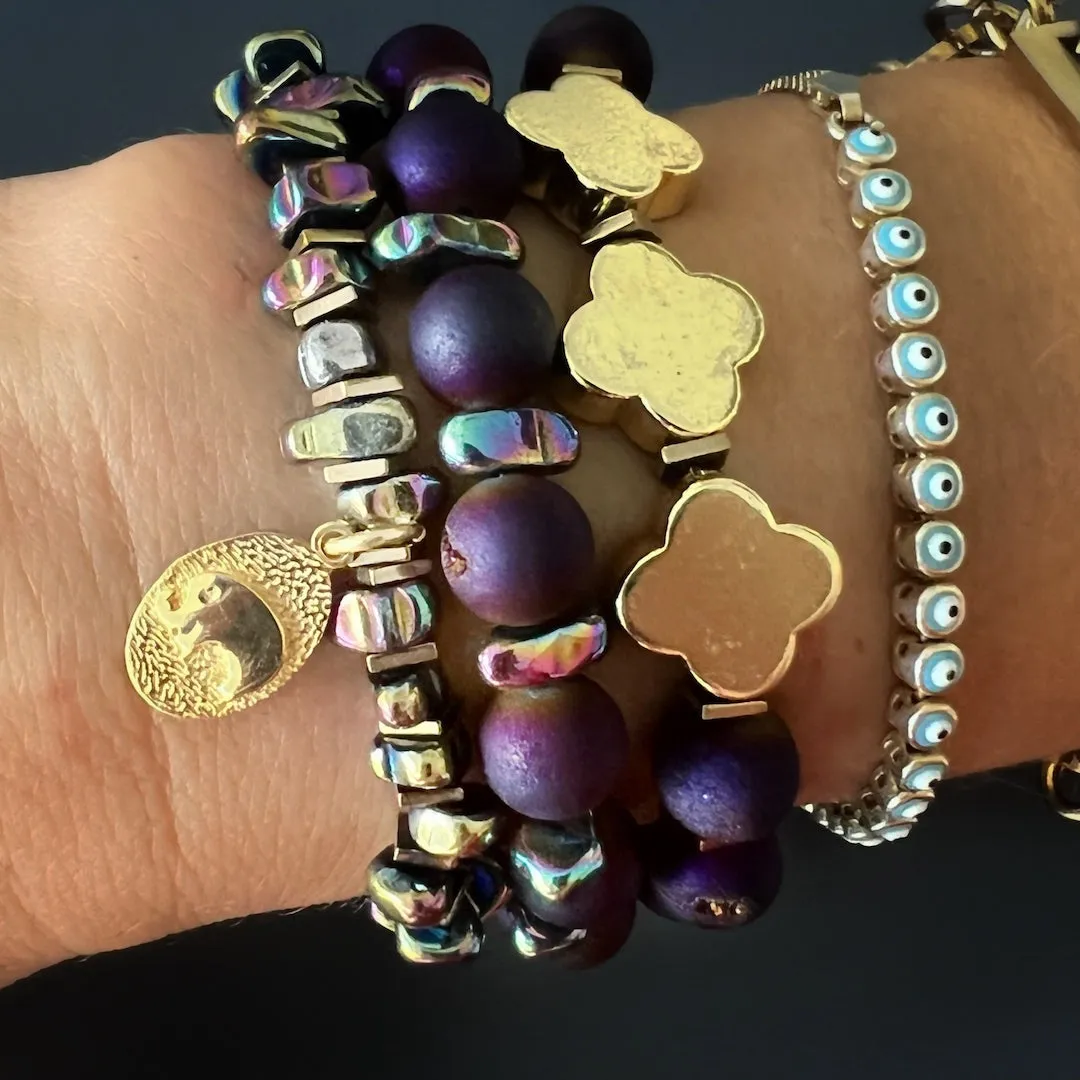 Fleur De Lis Purple Agate Beaded Bracelet