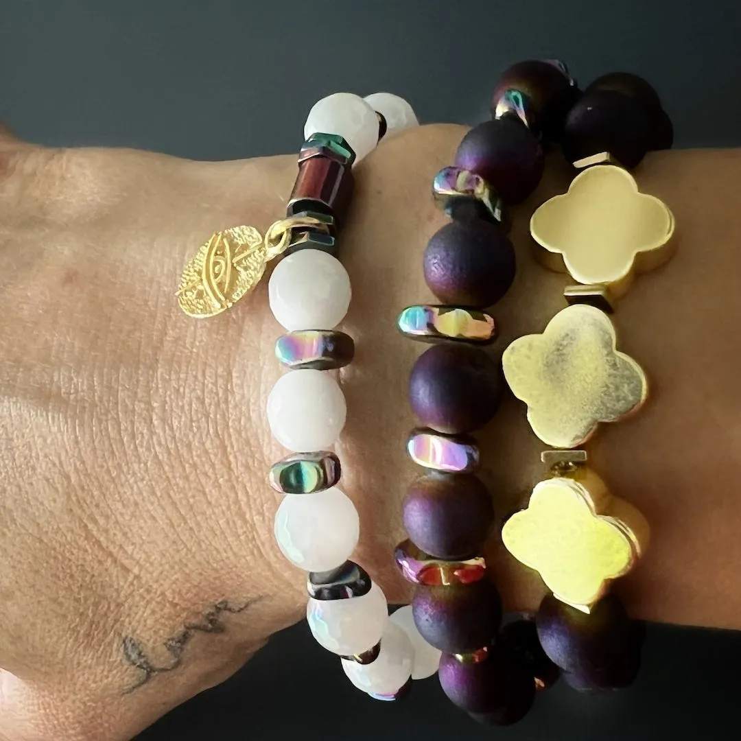 Fleur De Lis Purple Agate Beaded Bracelet