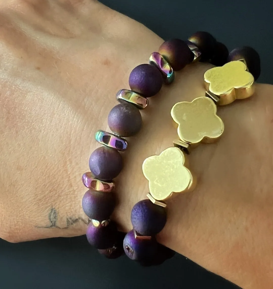 Fleur De Lis Purple Agate Beaded Bracelet