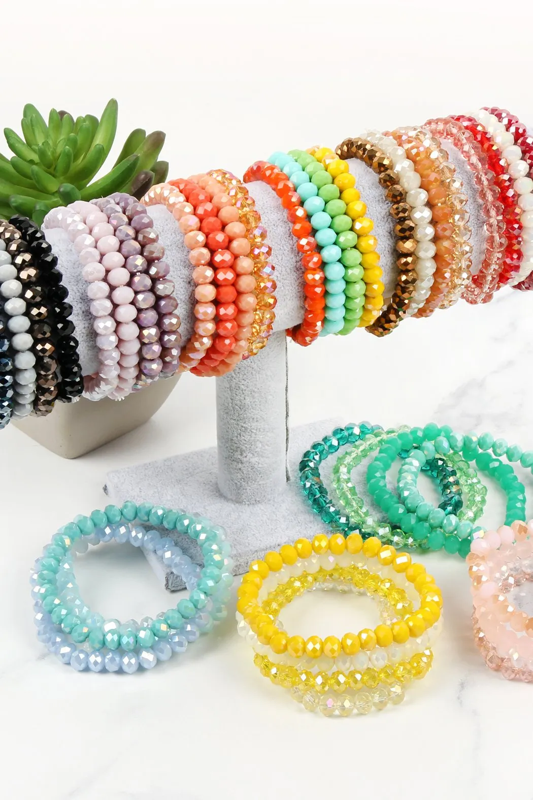 Four Line Crystal Bead Stretch Bracelets- 14 Colors