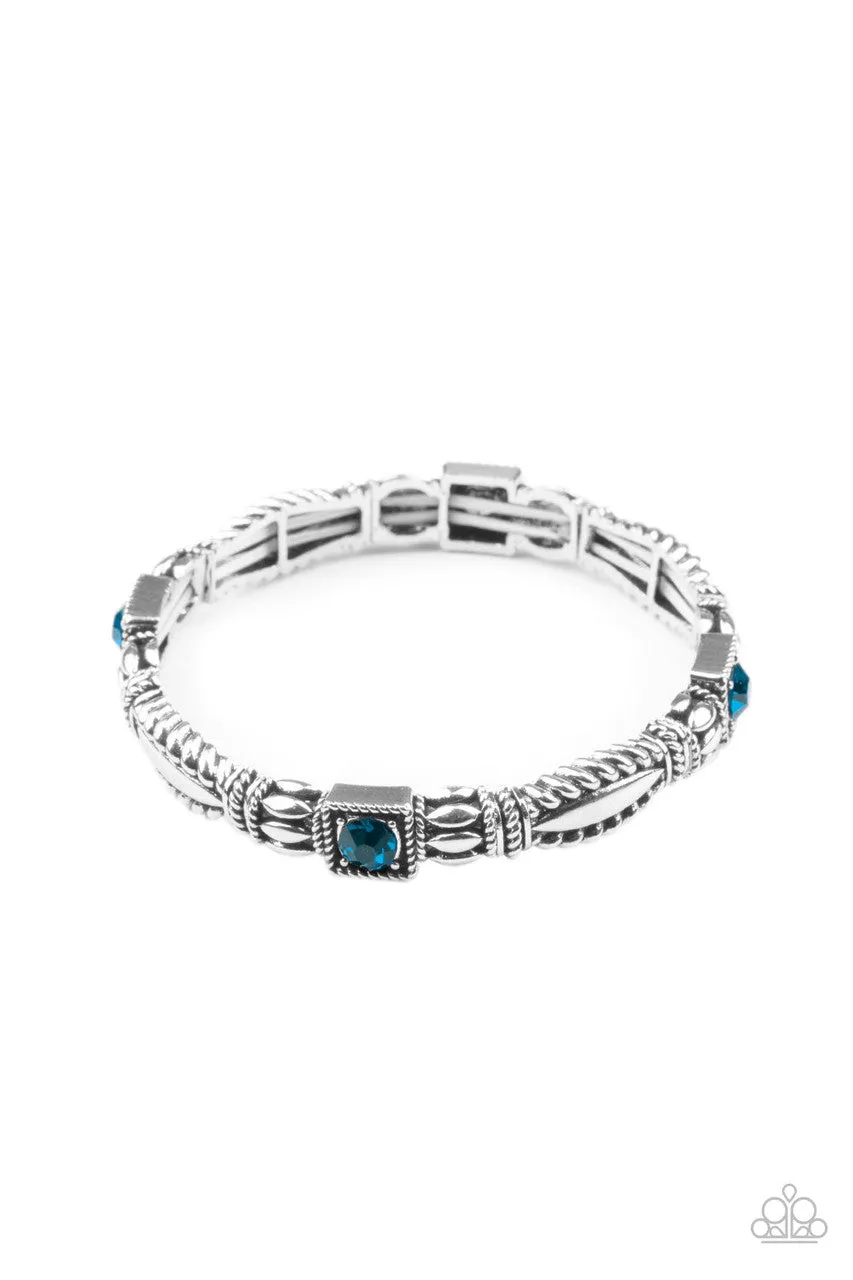 Get this GLOW on the Road - Blue - Rhinestone Centered Frame Paparazzi Stretchy Bracelet