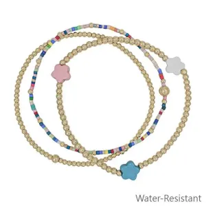 Gold Beaded with Pink and Blue Colored Flower Stretch Bracelets