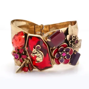 GOLD SQUIRREL AND RED CRYSTAL FLOWER HINGED BRACELET #214RD2101 (1D7)