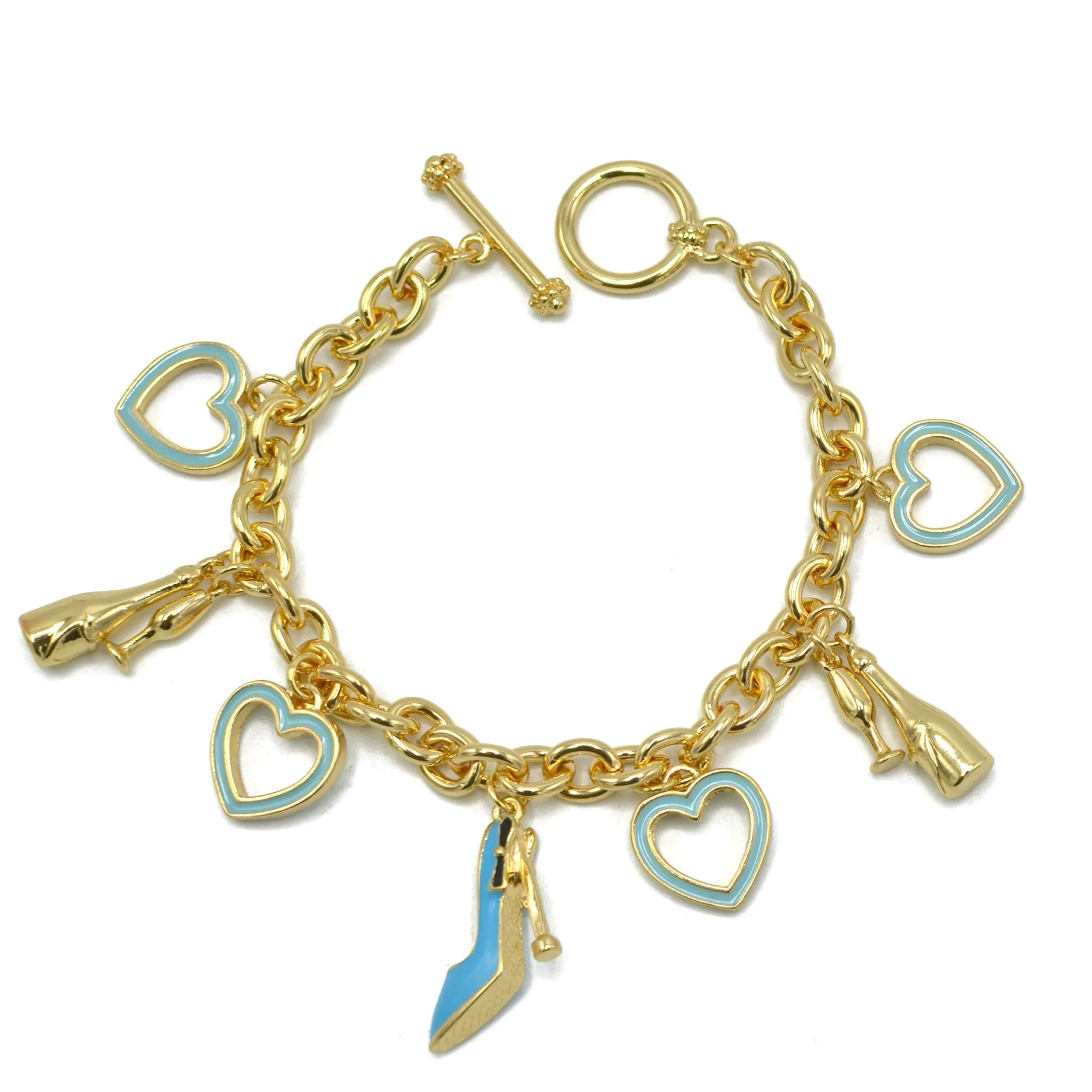 Gold with Shoe champagine and Turquoise Heart Charms Bracelet #HNB90892GDBL(JE8)