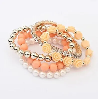 GR Jewelry Simulated-Pearl Bracelets Mix Beads Flower Pendants Stretch Women Bracelets & Bangles Jewelry
