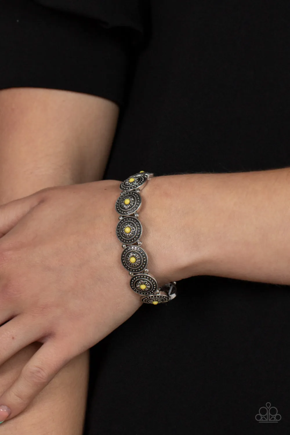 Granada Garden Party - Yellow - Beaded Center Flower Paparazzi Stretchy Bracelet