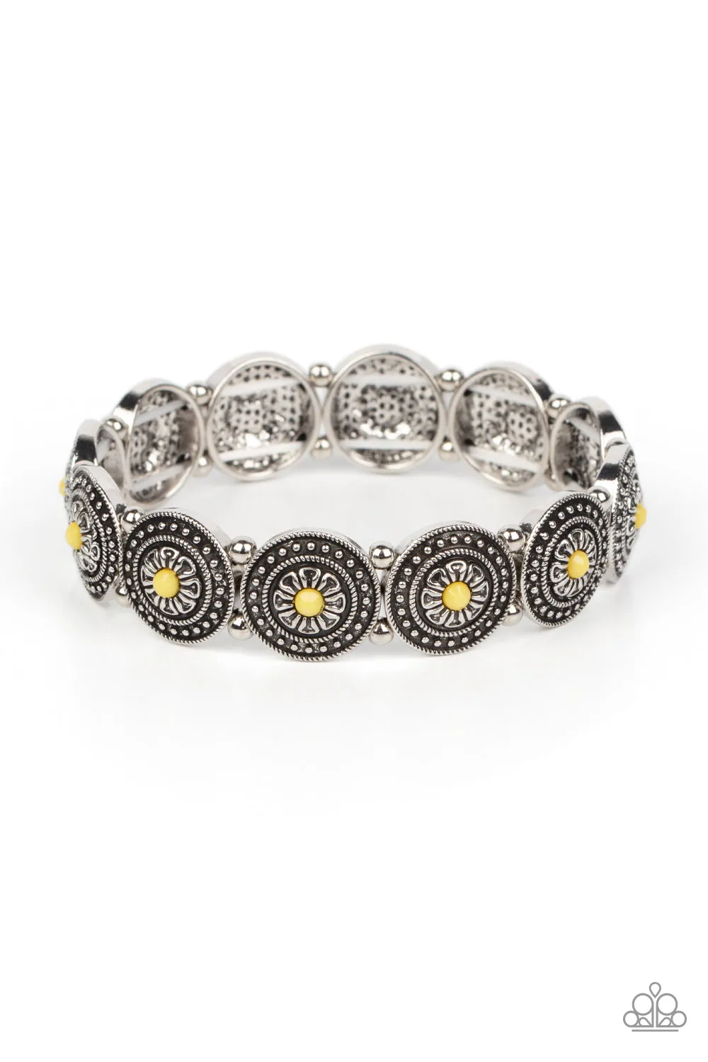Granada Garden Party - Yellow - Beaded Center Flower Paparazzi Stretchy Bracelet