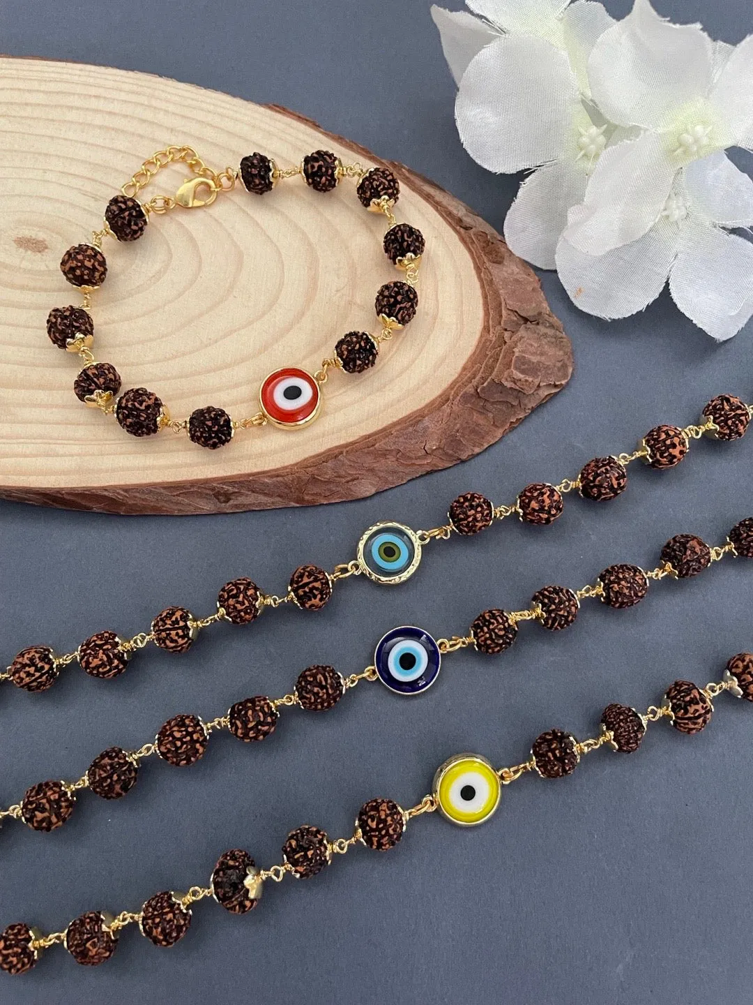 Green Color Evil Eye Mens Rudraksha Bracelet