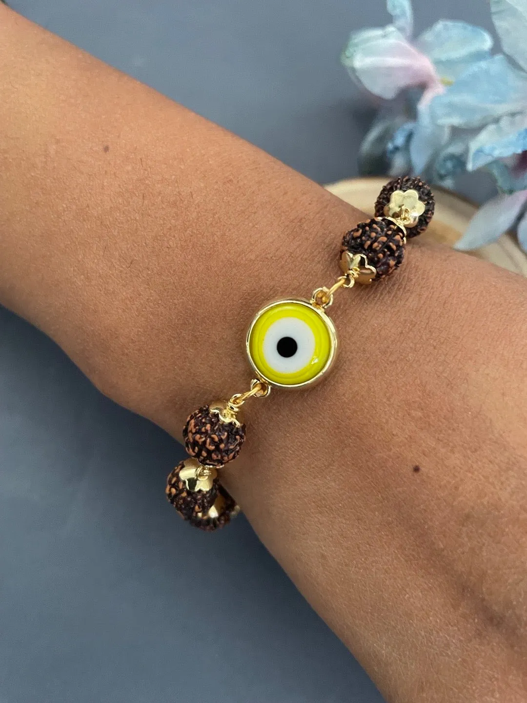 Green Color Evil Eye Mens Rudraksha Bracelet