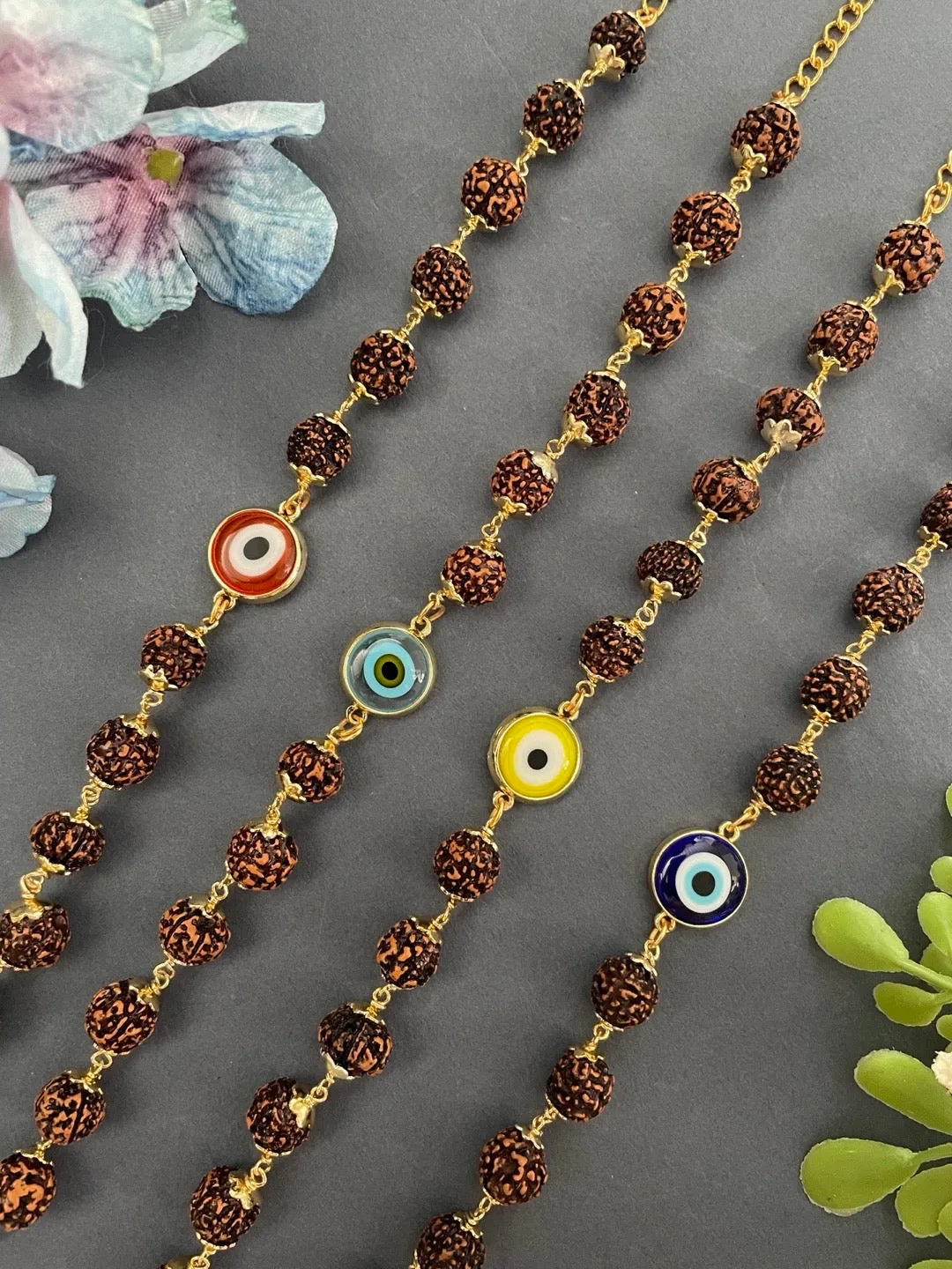 Green Color Evil Eye Mens Rudraksha Bracelet