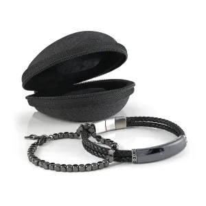 Gunmetal Steel Beads and Leather Bracelet Stack With Travel Case
