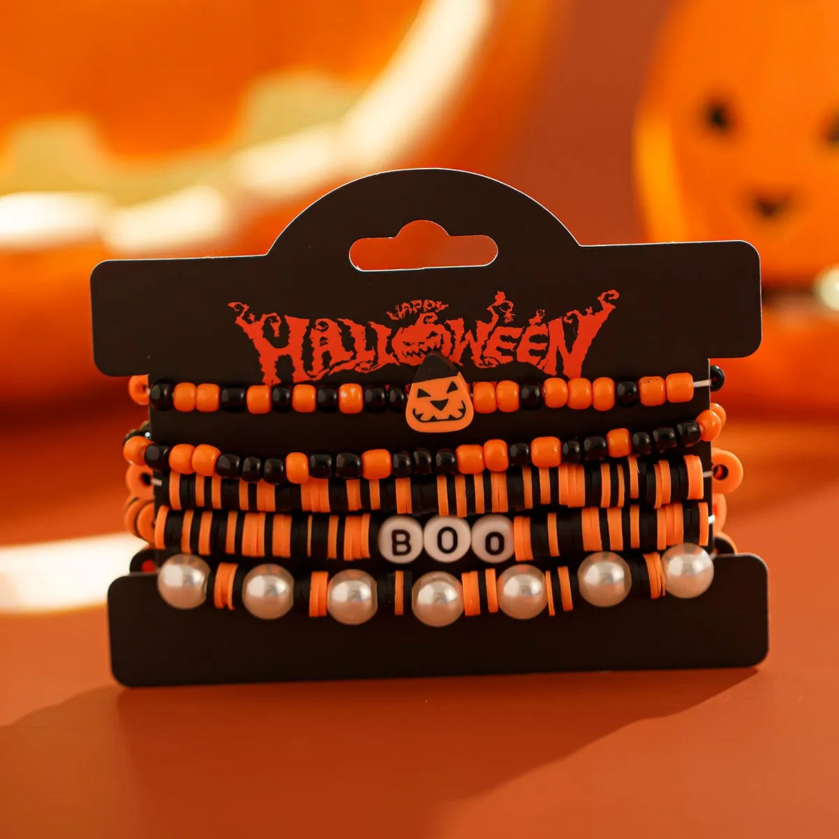Halloween 5Pcs Pumpkin Charm Pearl Letter Clay Chain Bracelet Set