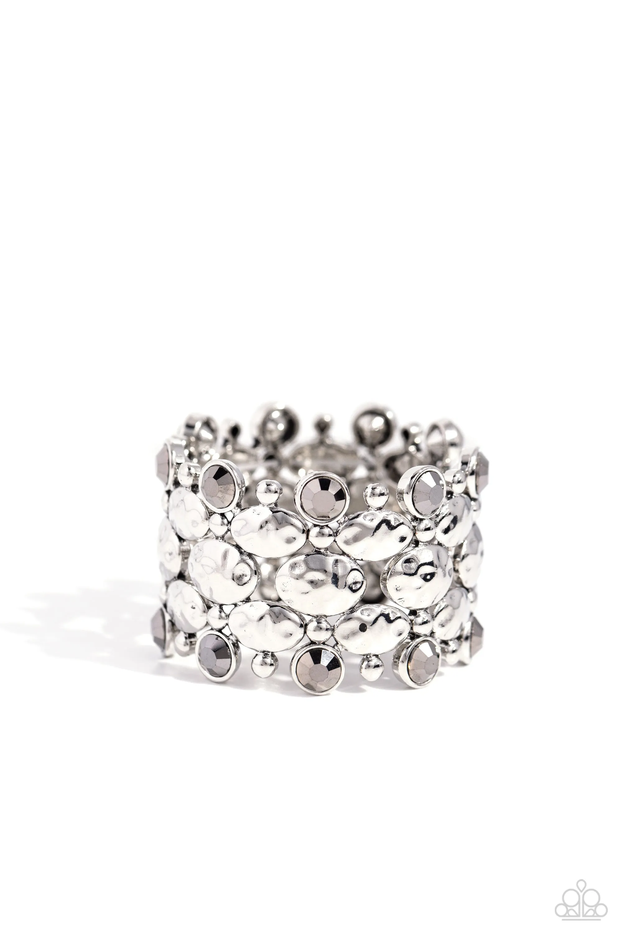 Hammered Headliner - Silver - Hematite Gem Hammered Paparazzi Stretchy Bracelet