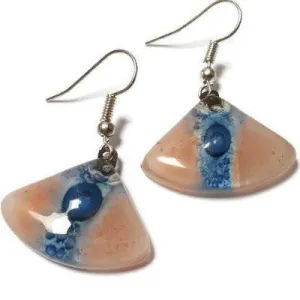 Handmade fused glass drop earrings, Pink and Blue fan shape Recycled dangle earrings.
