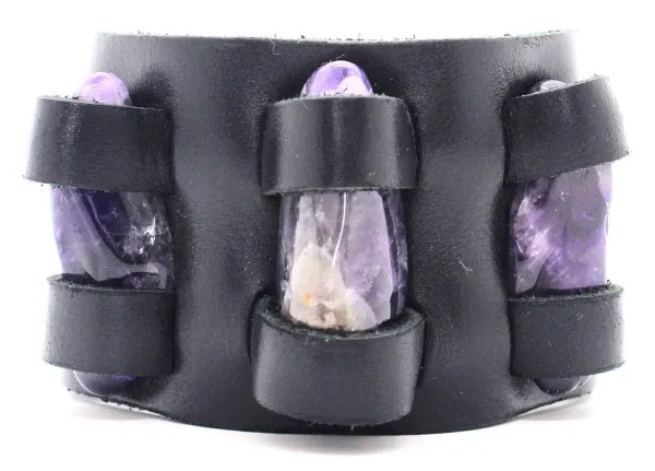 Handmade genuine  leather gem stone crystal holder bracelets/ cuffs double bands (With stones) (6 pack/ $16 ea.)