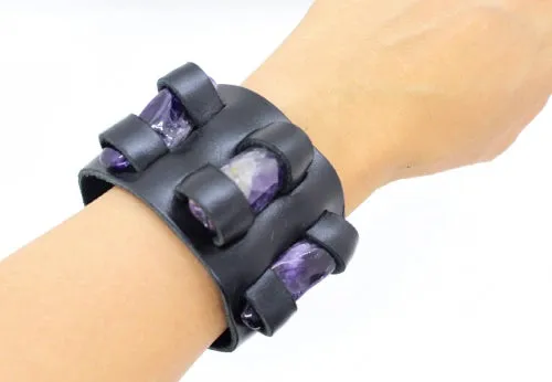 Handmade genuine  leather gem stone crystal holder bracelets/ cuffs double bands (With stones) (6 pack/ $16 ea.)