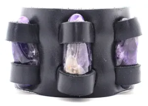 Handmade genuine  leather gem stone crystal holder bracelets/ cuffs double bands (With stones) (6 pack/ $16 ea.)