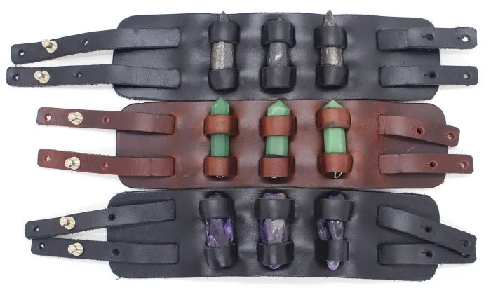 Handmade genuine  leather gem stone crystal holder bracelets/ cuffs double bands (With stones) (6 pack/ $16 ea.)