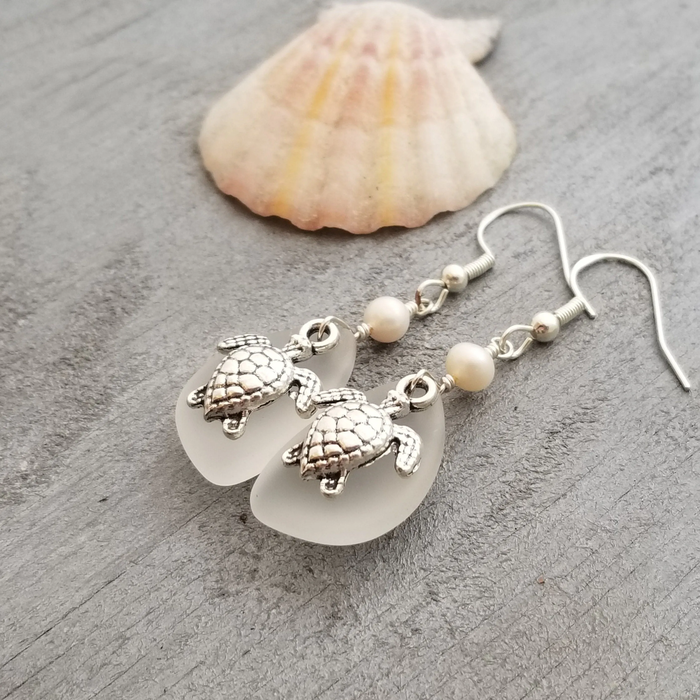 Hawaiian Jewelry Sea Glass Earrings, Crystal Earrings Turtle Earrings Pearl Earrings, Sea Glass Jewelry Birthday Gift(April Birthstone Gift)