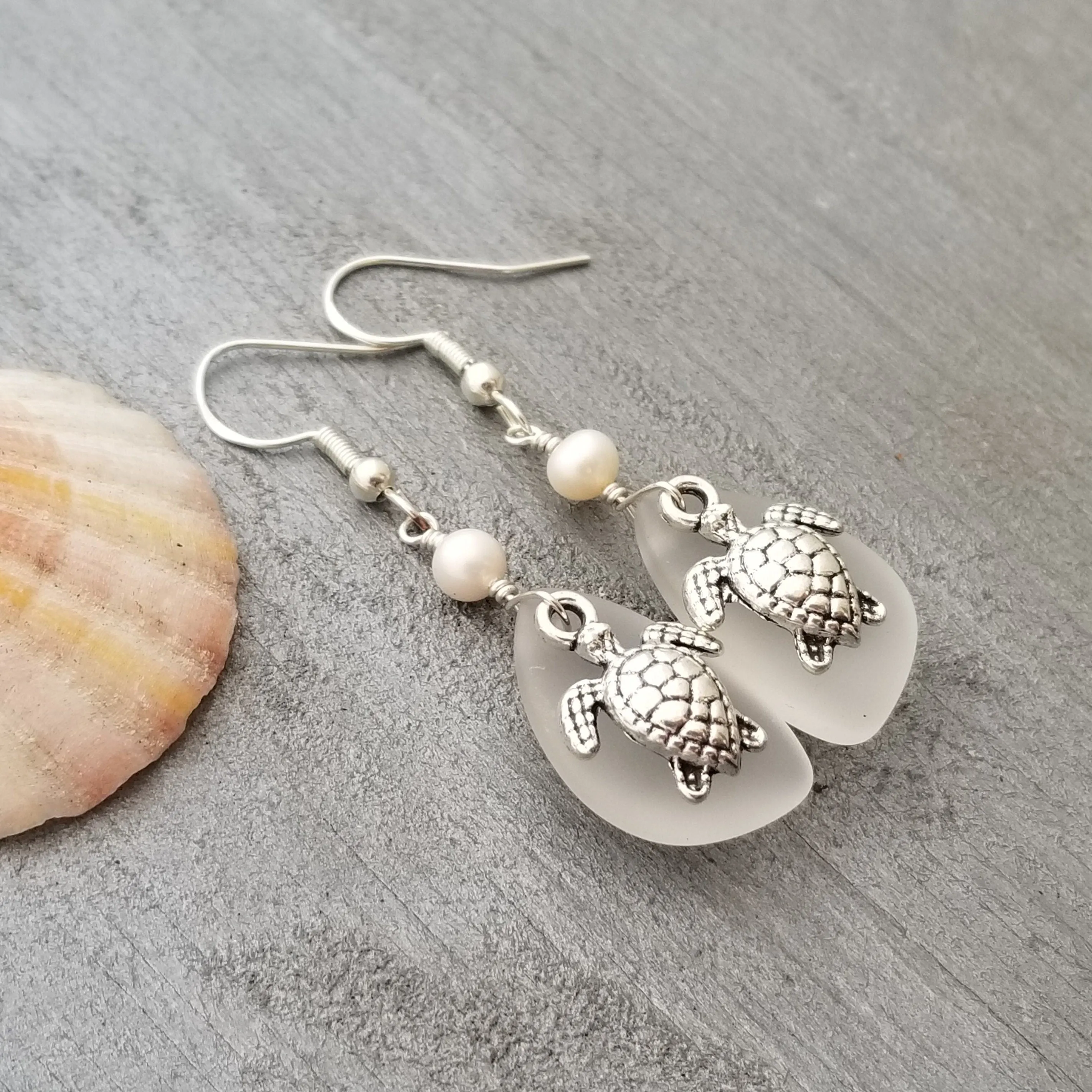 Hawaiian Jewelry Sea Glass Earrings, Crystal Earrings Turtle Earrings Pearl Earrings, Sea Glass Jewelry Birthday Gift(April Birthstone Gift)