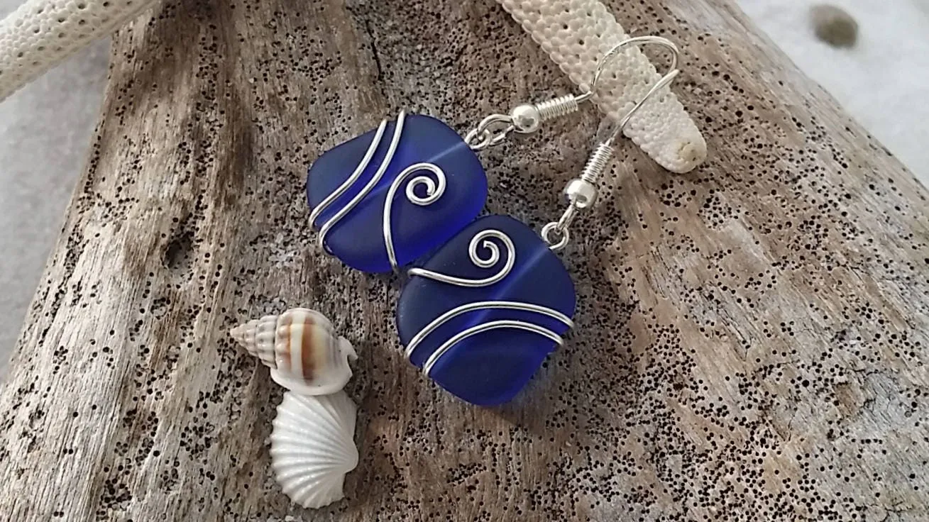 Hawaiian Jewelry Sea Glass Earrings, Wire Cobalt Blue Earrings, Unique Beach Jewelry Birthday Gift For Women (September Birthstone Jewelry)