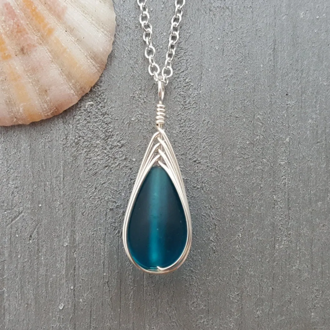 Hawaiian Jewelry Sea Glass Necklace, Braided Teal Necklace Teardrop Necklace, Sea Glass Jewelry For Women Beach Unique Beach Jewelry For Her