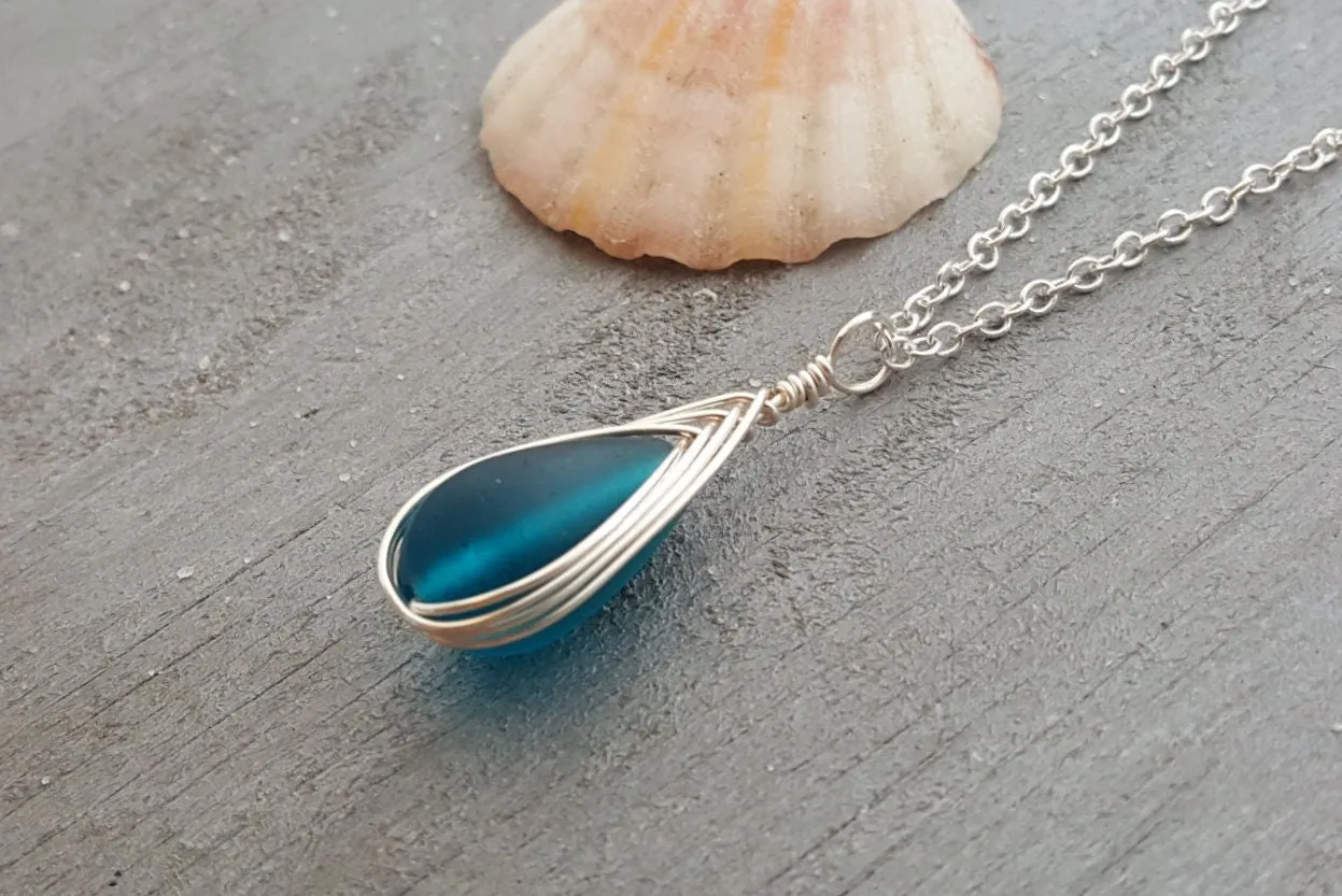 Hawaiian Jewelry Sea Glass Necklace, Braided Teal Necklace Teardrop Necklace, Sea Glass Jewelry For Women Beach Unique Beach Jewelry For Her