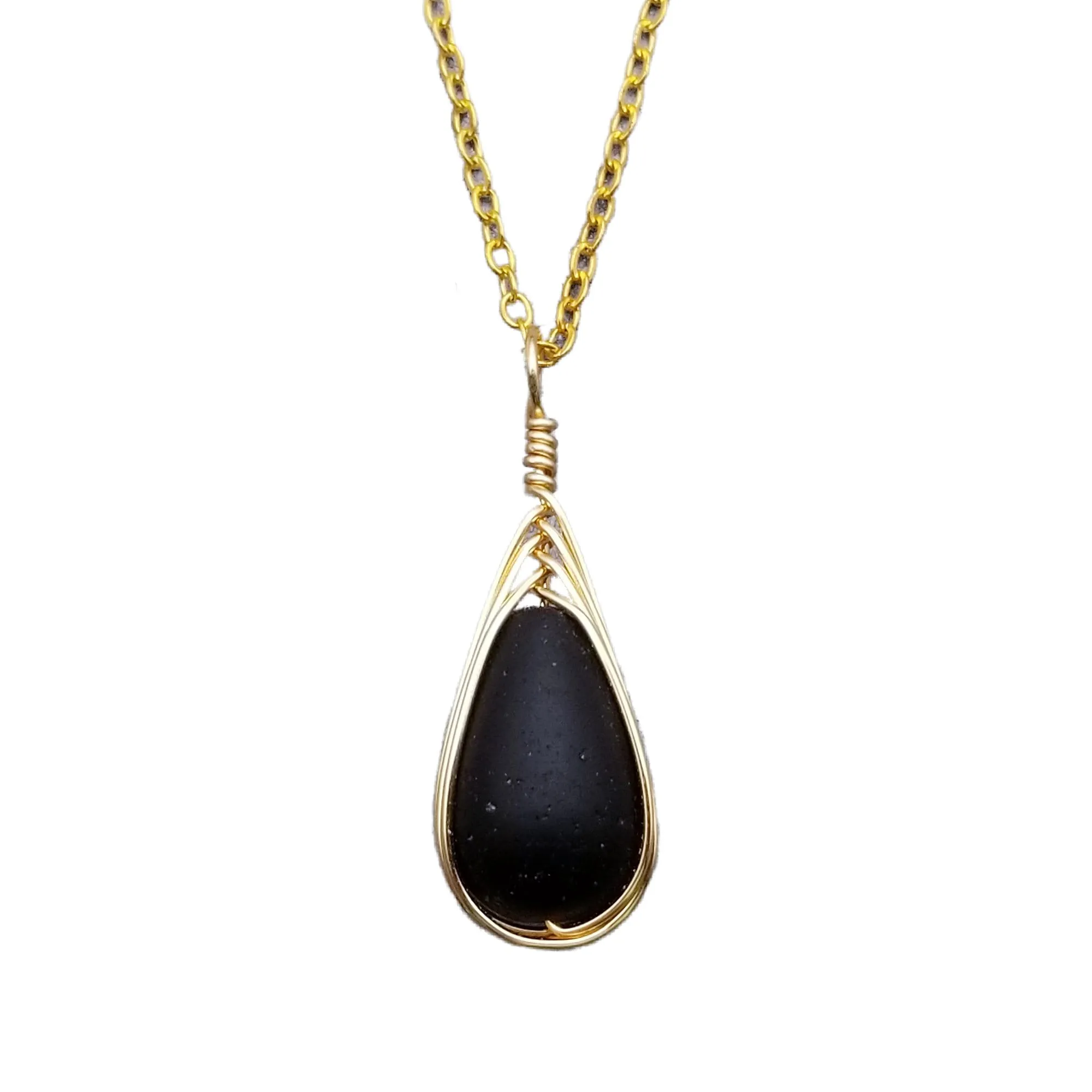 Hawaiian Jewelry Sea Glass Necklace, Gold Braided Black Necklace Blue Necklace, Beach Jewelry Birthday Gift, Unique Gift