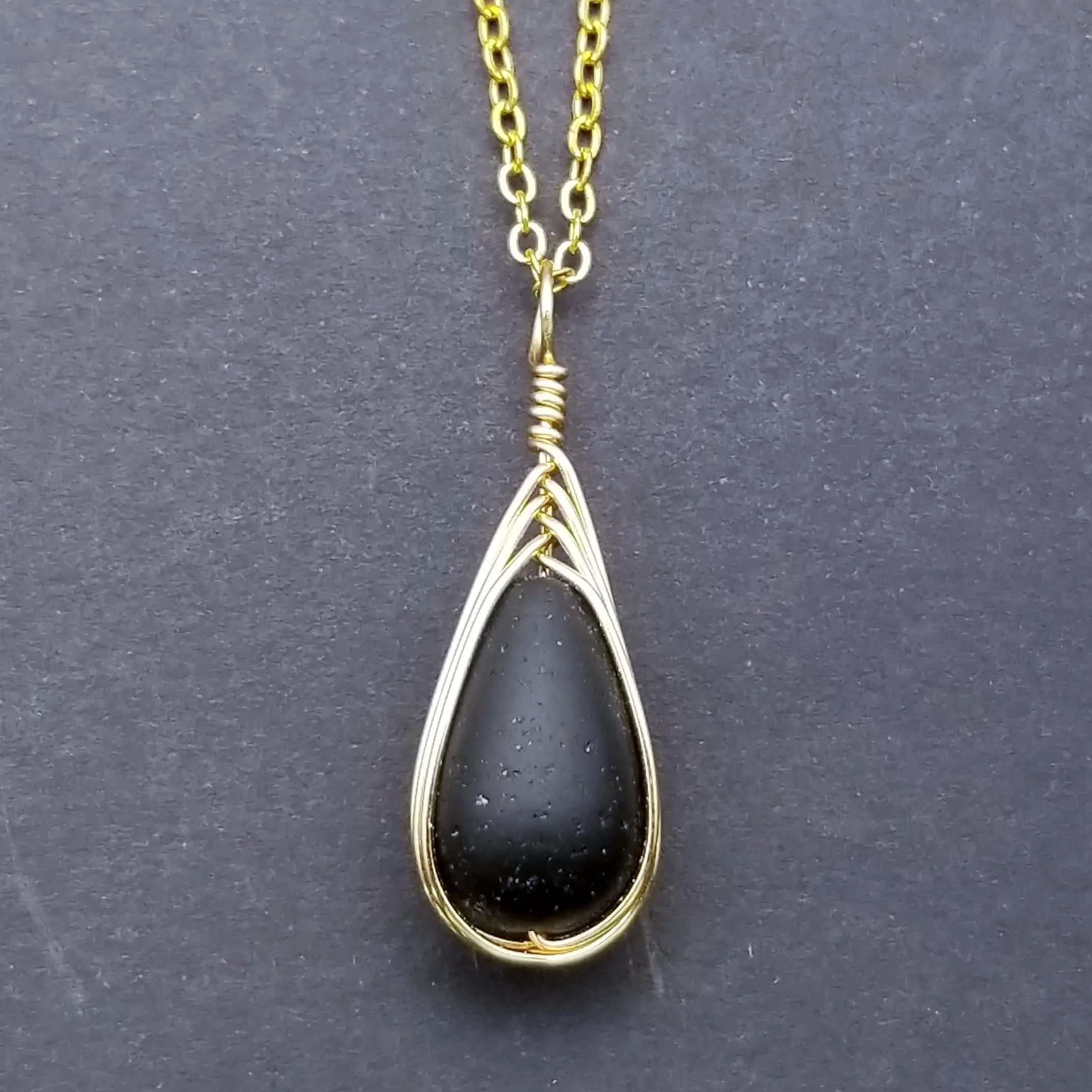 Hawaiian Jewelry Sea Glass Necklace, Gold Braided Black Necklace Blue Necklace, Beach Jewelry Birthday Gift, Unique Gift