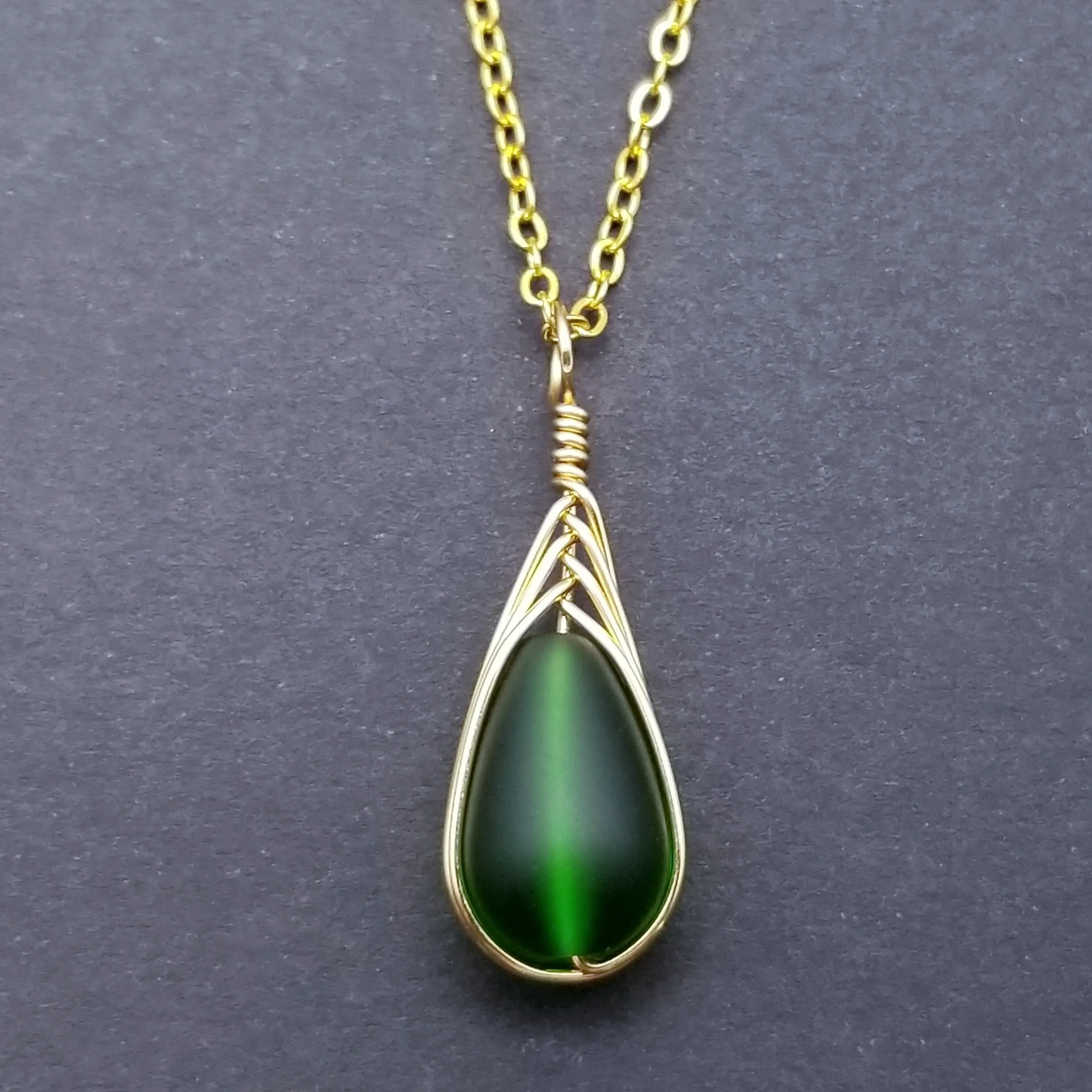 Hawaiian Jewelry Sea Glass Necklace, Gold Braided Emerald Necklace Green Necklace, Beach Jewelry Birthday Gift (May Birthstone Jewelry)