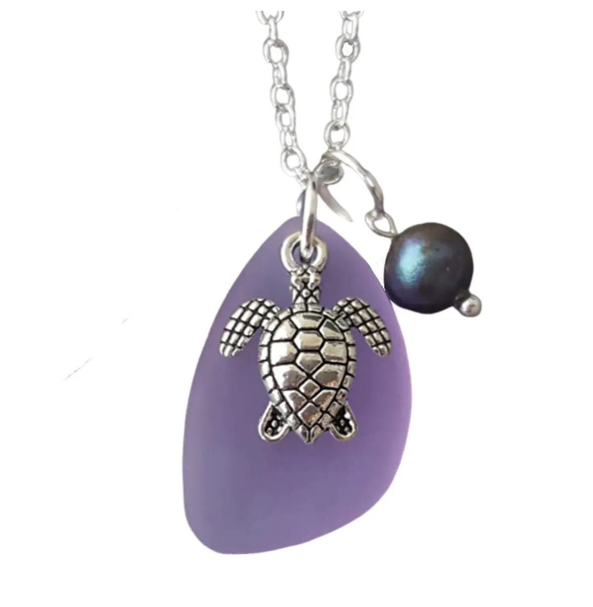 Hawaiian Jewelry Sea Glass Necklace, "Magical Color Changing" Purple Necklace Turtle Necklace Sea Glass Birthday Gift (February Birthstone)
