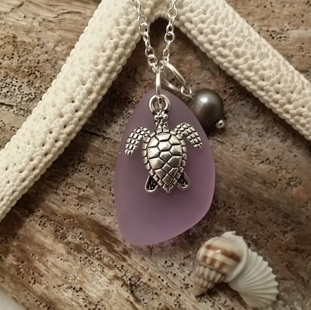 Hawaiian Jewelry Sea Glass Necklace, "Magical Color Changing" Purple Necklace Turtle Necklace Sea Glass Birthday Gift (February Birthstone)
