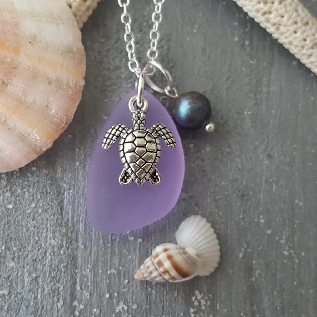 Hawaiian Jewelry Sea Glass Necklace, "Magical Color Changing" Purple Necklace Turtle Necklace Sea Glass Birthday Gift (February Birthstone)