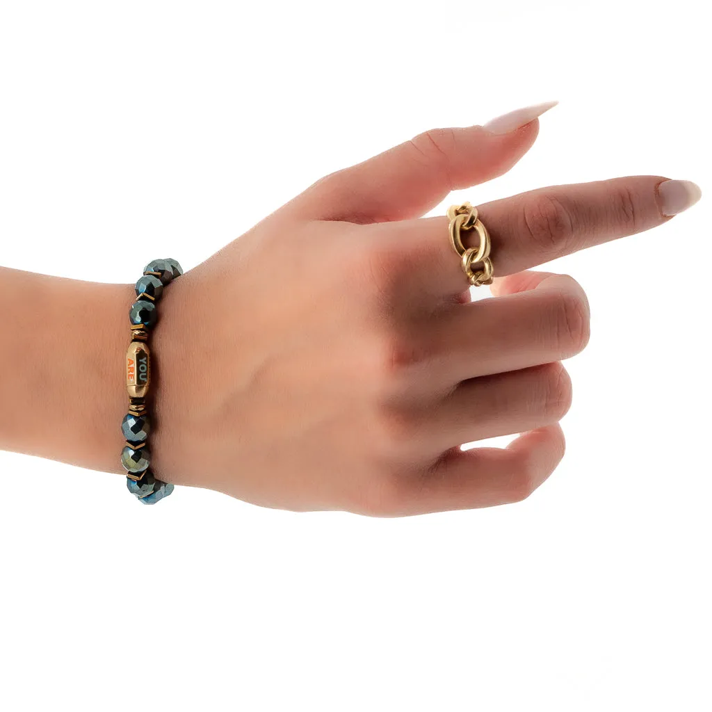Hematite Stone You Are Loved Charm Beaded Bracelet