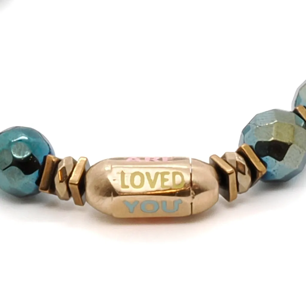 Hematite Stone You Are Loved Charm Beaded Bracelet