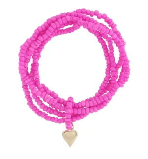 Hot Pink Beaded Bracelet Set w/Heart Charm