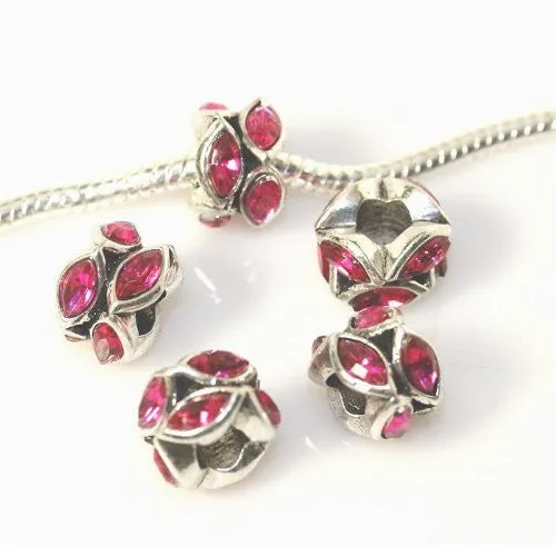 Hot Pink  Rhinestone Crystal Tear Drop Charm European Bead Compatible for Most European Snake Chain Bracelet