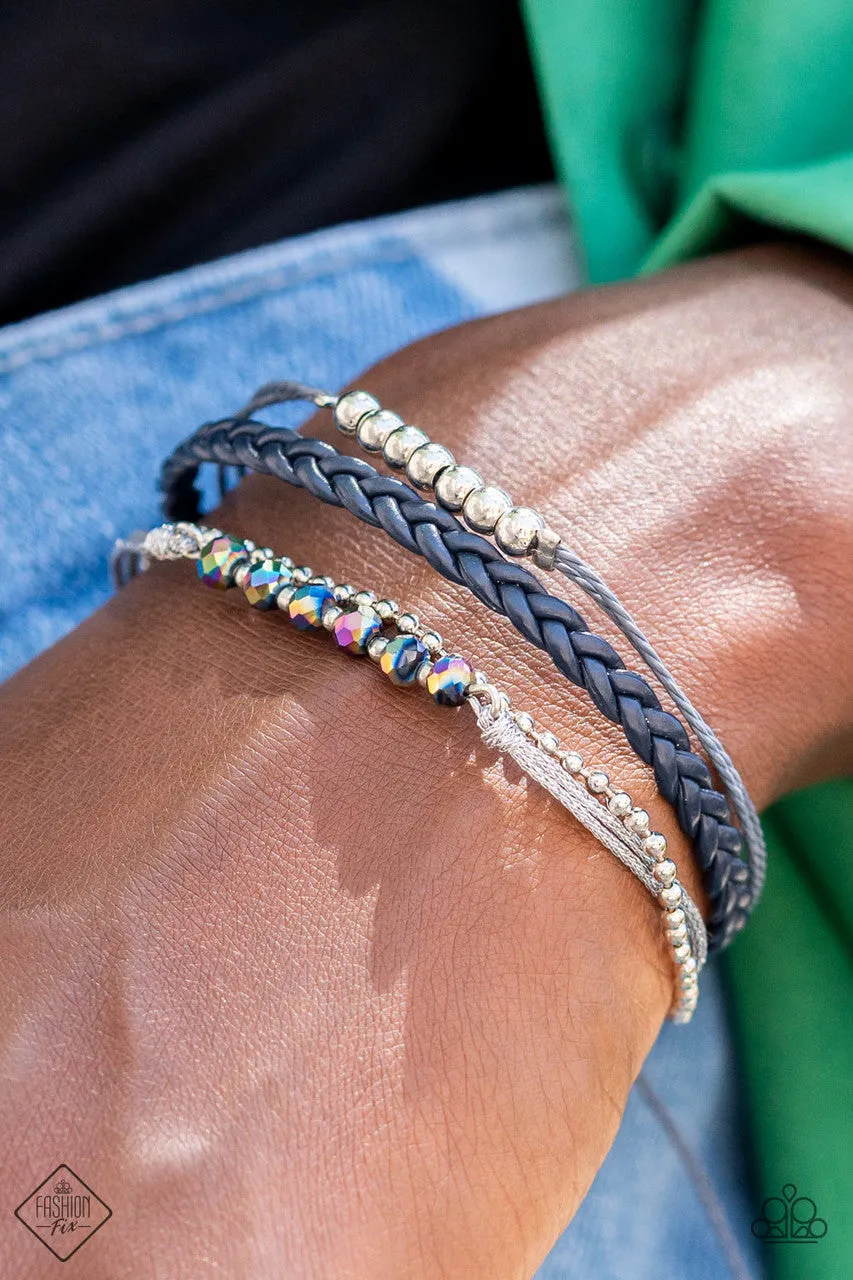 Intergalactic Gamechanger - Multi - Oil Spill Bead Navy Blue Braided Leather Cord Paparazzi Pull-Cord Bracelet - August 2022 Sunset Sightings Fashion Fix