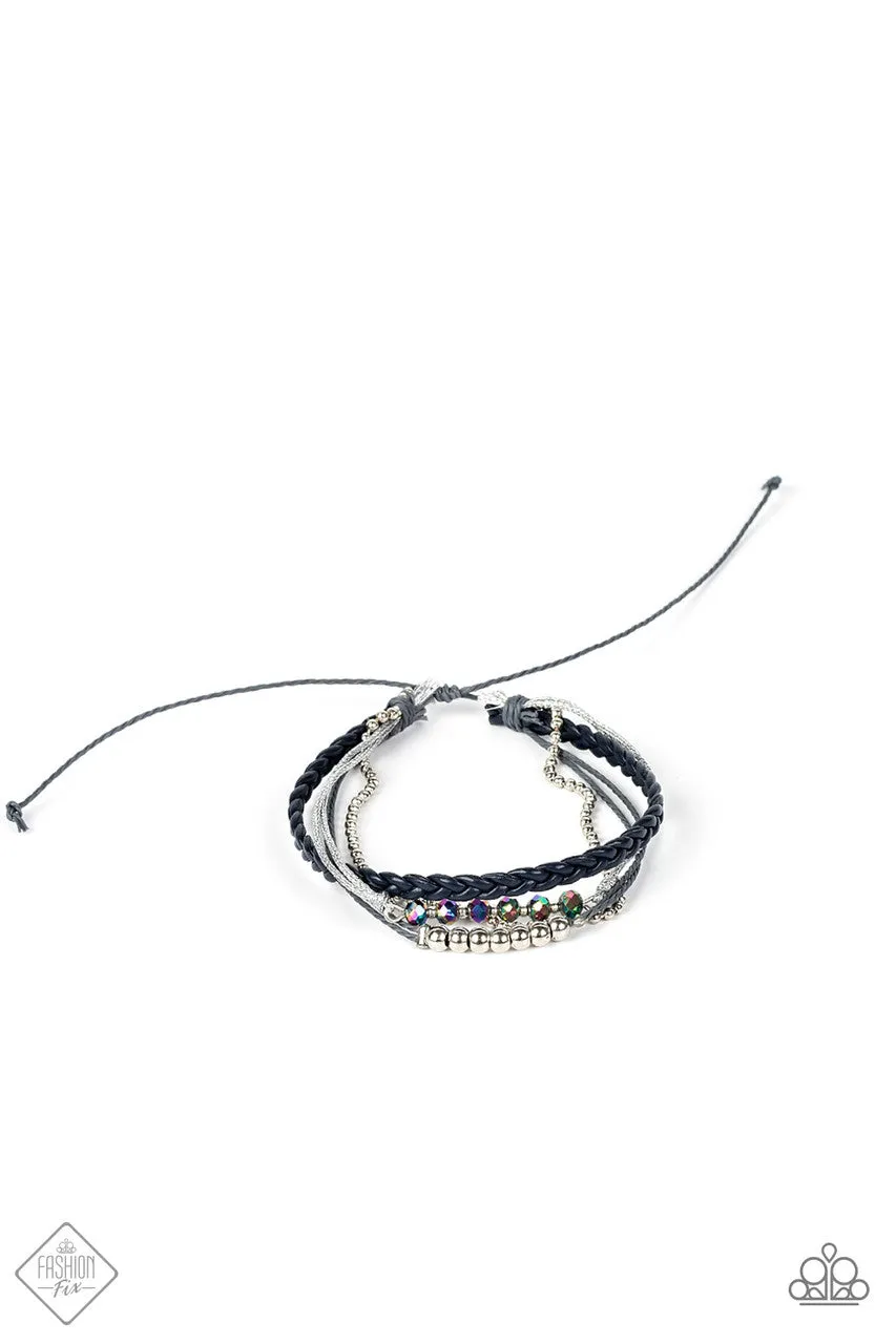Intergalactic Gamechanger - Multi - Oil Spill Bead Navy Blue Braided Leather Cord Paparazzi Pull-Cord Bracelet - August 2022 Sunset Sightings Fashion Fix