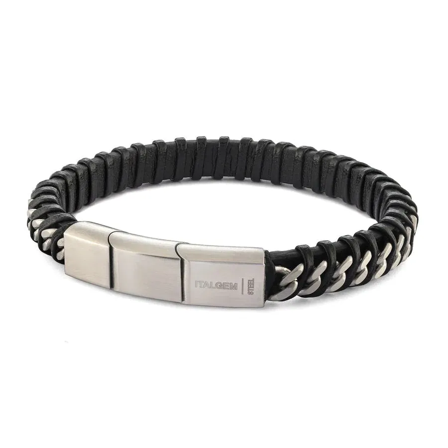 Italgem Black Leather with Stainless Steel Curb Links and Clasp Bracelet