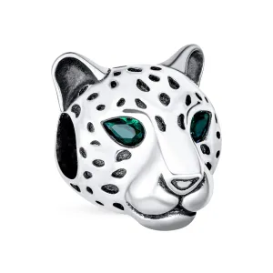 Jaguar Panther Charm Bead with Green CZ Eyes Oxidized Silver for Bracelets