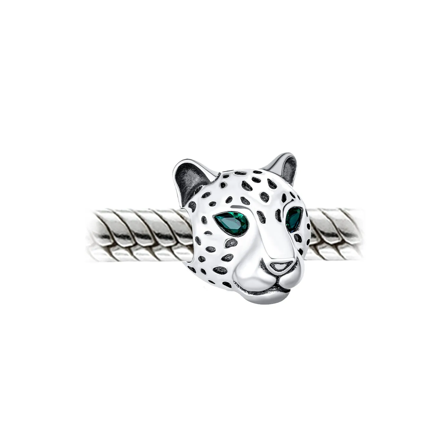 Jaguar Panther Charm Bead with Green CZ Eyes Oxidized Silver for Bracelets