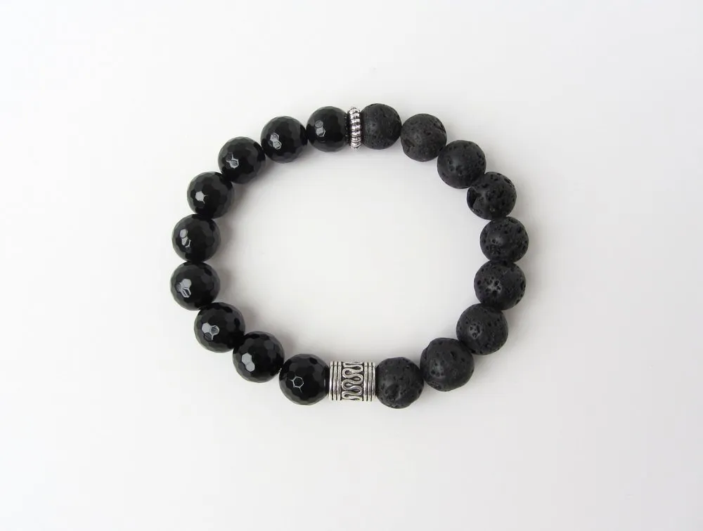 Jet Black Onyx & Lava Mens Bracelet