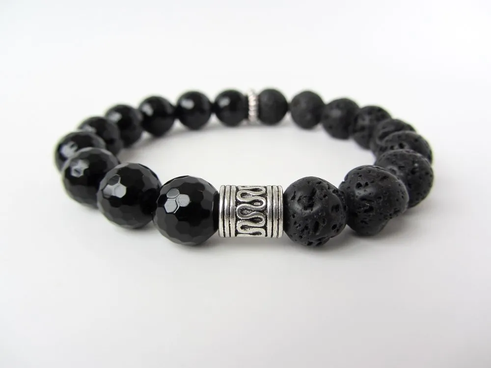 Jet Black Onyx & Lava Mens Bracelet