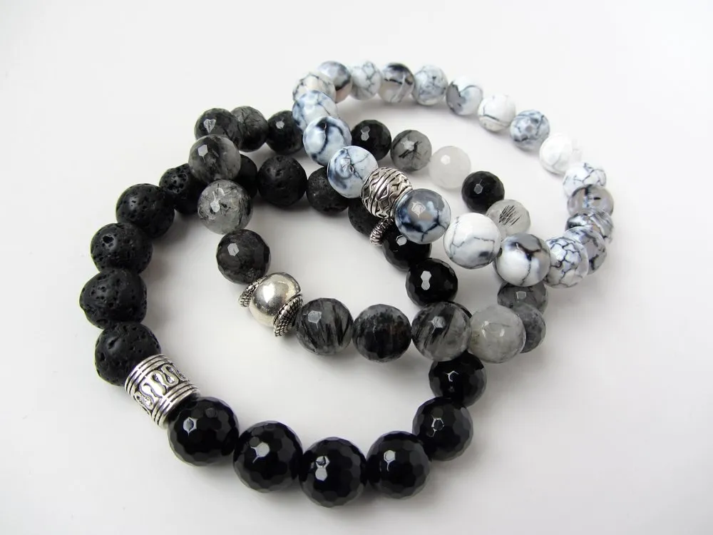 Jet Black Onyx & Lava Mens Bracelet