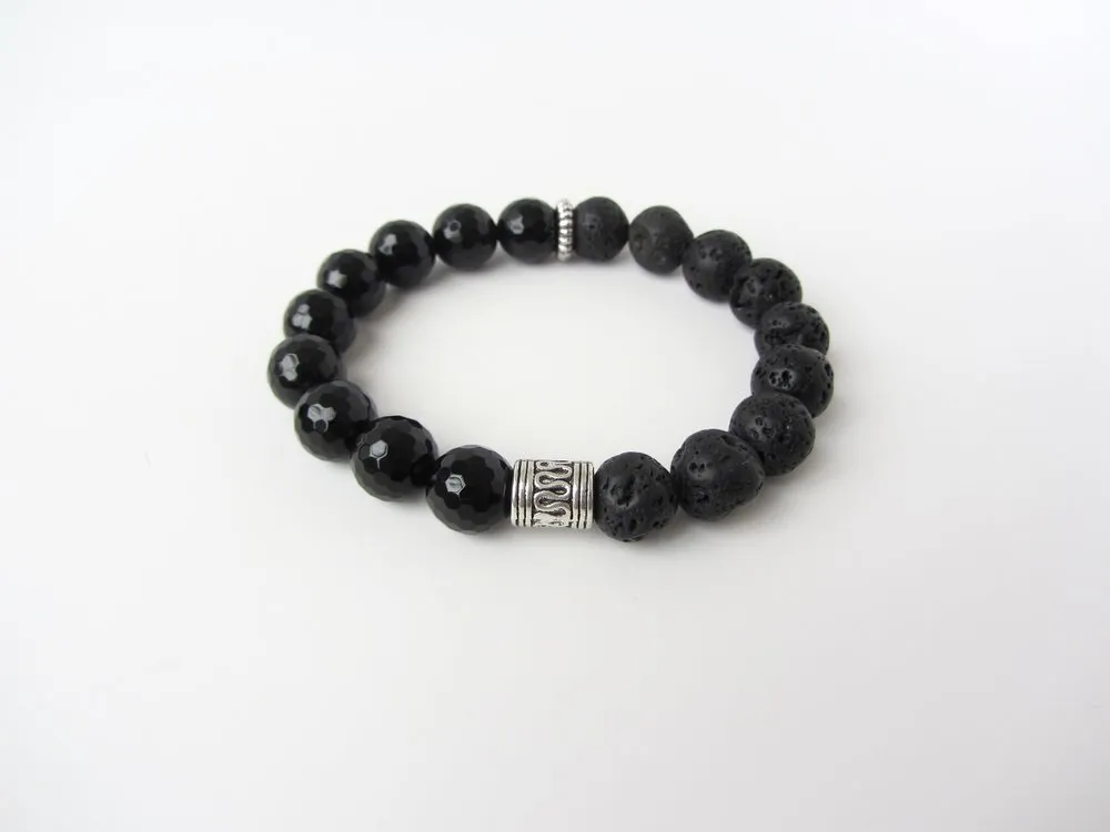 Jet Black Onyx & Lava Mens Bracelet