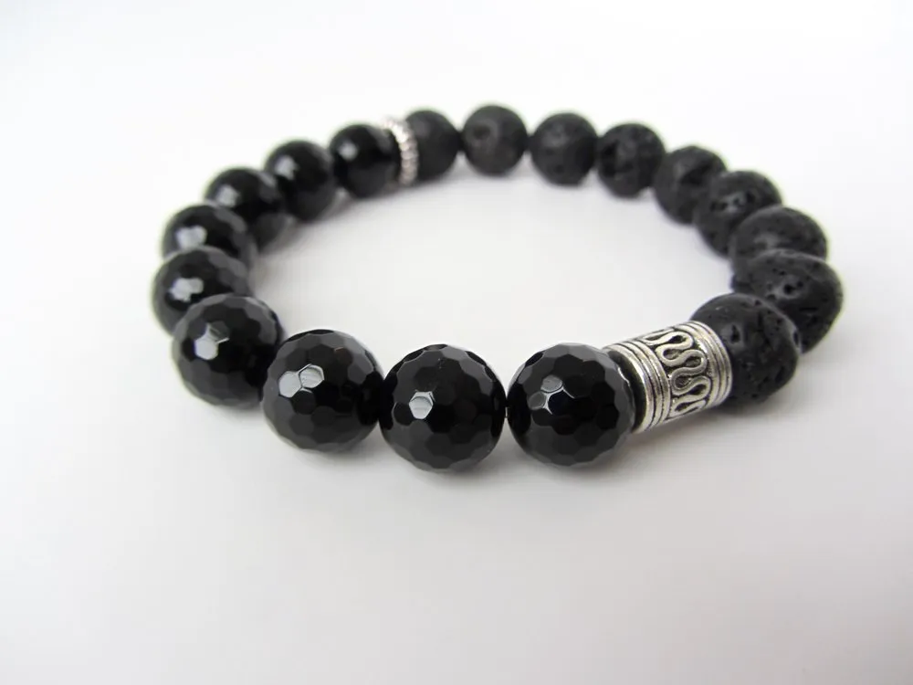 Jet Black Onyx & Lava Mens Bracelet