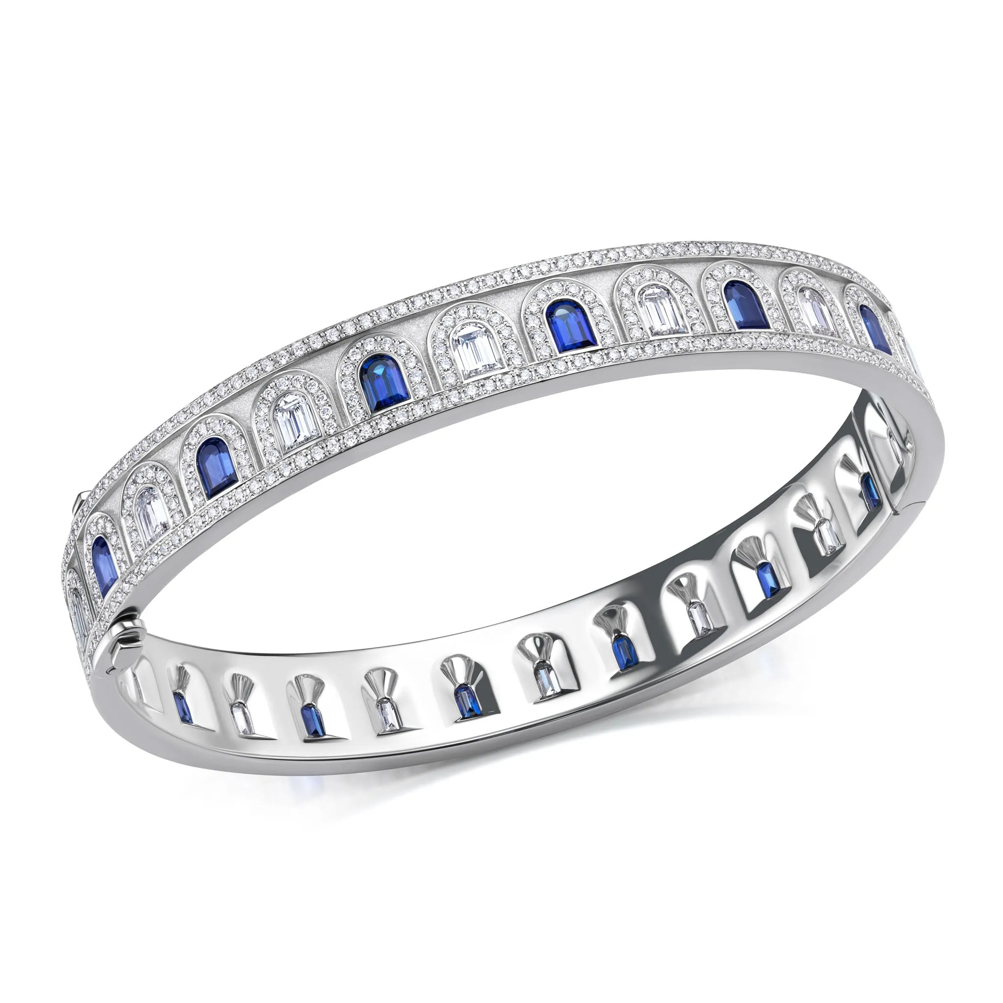 L'Arc Deco Bangle in Platinum with DAVIDOR Arch Cut Diamonds DAVIDOR Arch Cut Blue Sapphires and Brilliant Diamonds